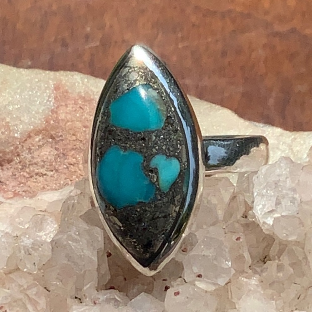 PYRITE IN TURQUOISE 925 STERLING SILVER RING, SIZE 6